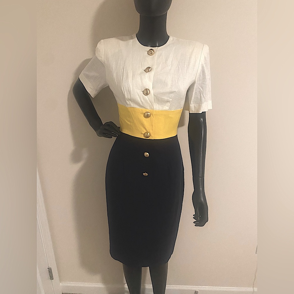 VINTAGE Beige, Yellow, and Navy Midi Dress